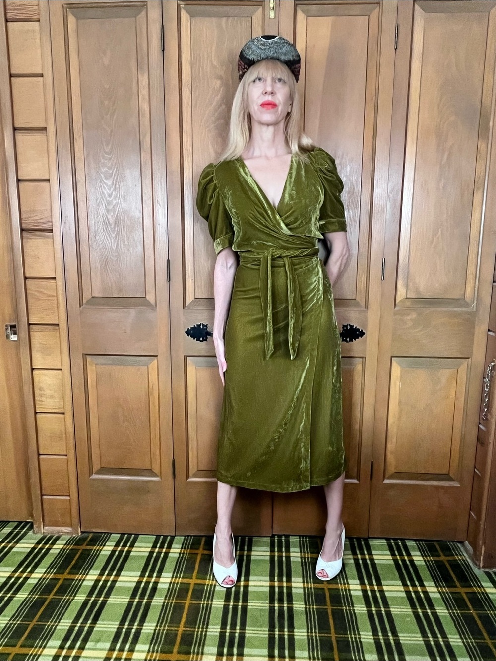 Olive Green Velvet Wrap Midi Dress with Tie Waist